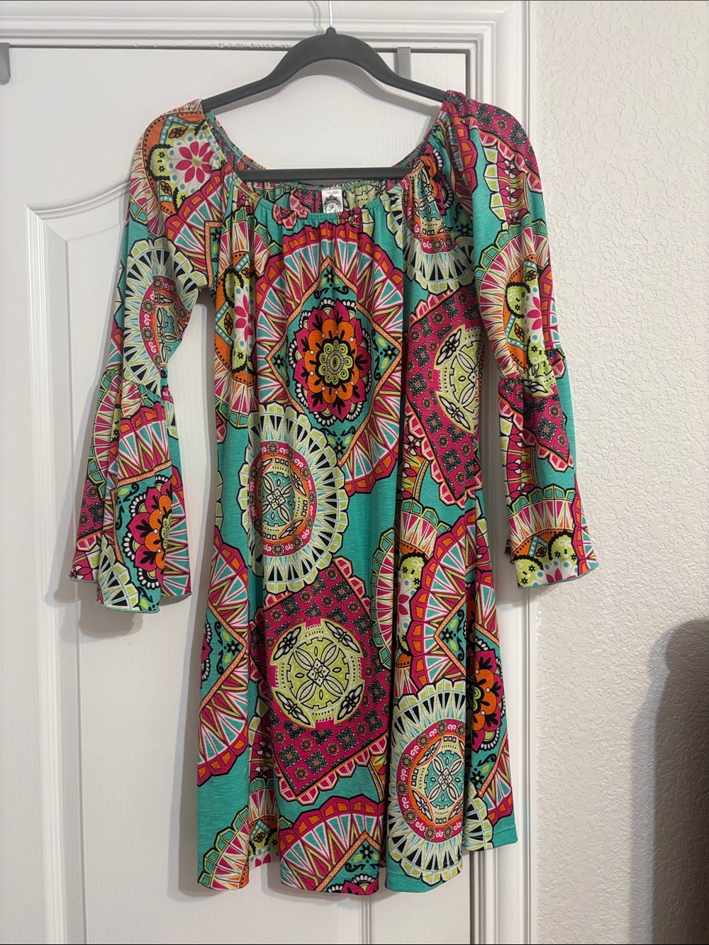 Boho Medallion Off-Shoulder Long Sleeve Dress in Teal and Pink